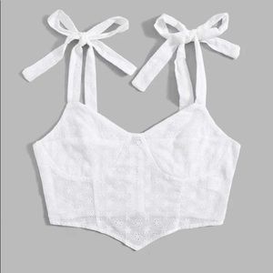 Eyelet Embroidery Zip Up Tie Shoulder Cami